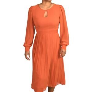Modcloth Keen on Pleats Dress Orange Midi Sheer Chiffon Secretary Rust Size 6